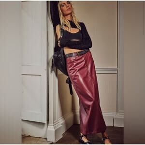 NWT‎ Free People City Slicker Faux Vegan Leather Maxi Skirt in Red Jasper